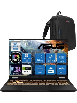 Asus Tuf Gaming F16 FX608JH 13.nesil Intel İ5-13450HX 8gb Ddr5 2tb SSD 8GB/RTX5050 115W 165Hz 16"wuxga Fhd+ 300NITS IPS WIN11 Pro Gaming Bilg. WRV082+CIMETEÇANTA