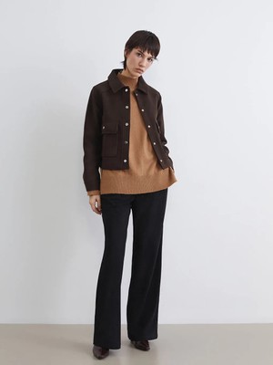 LC Waikiki Kahverengi Gömlek Yaka Kadın Kaşe Ceket