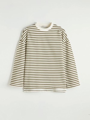 LC Waikiki Haki Kadın Oversize Fit Çizgili Sweatshirt Tunik