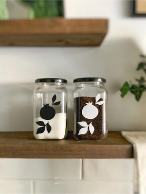 Atölye Merdiven 2'li Bereket Seti Çay Kahve Şeker Saklama Kabı 850 ml Nar Desenli Cam Kavanoz