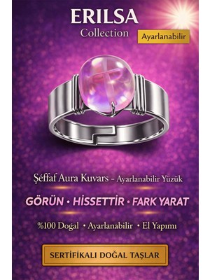 Erilsa Sertifikalı Şeffaf Pembe Aura Kuvars Yüzük Doğal Taş Ayarlanabilir El Yapımı Parlak Tasarım