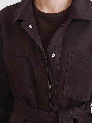 LC Waikiki Kahverengi Gömlek Yaka Kuşaklı Kadın Jean Ceket