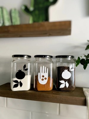 Atölye Merdiven Bereket Seti Cam 3lü Dekoratif Erzak Kahve Çay Şeker Kavanozu Nar Bereketli El Sembollü 850ml