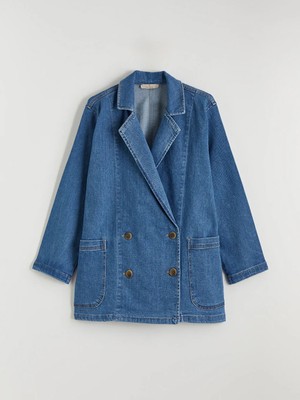 LC Waikiki Lacivert Kruvaze Yaka Kadın Jean Blazer Ceket
