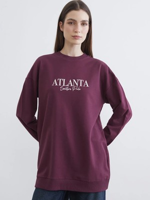 LC Waikiki Mürdüm Atlanta Baskılı Kadın Sweatshirt Tunik