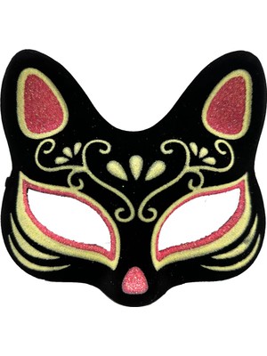Skygo Siyah Renk Süet Kaplama Üzeri Kırmızı Sarı Simli Kedi Maskesi 17X14 cm