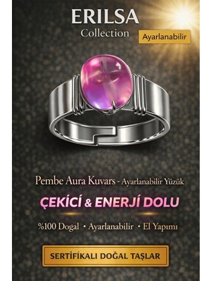 Erilsa Sertifikalı Pembe Aura Kuvars Yüzük Doğal Taş Ayarlanabilir El Yapımı Şık Tasarım
