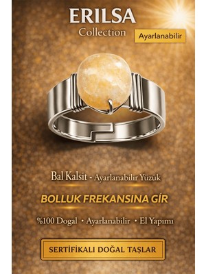 Erilsa Sertifikalı Ham Bal Kalsit Taşı Yüzük Doğal Taş Ayarlanabilir El Yapımı Şık Tasarım