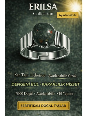 Erilsa Sertifikalı Kan Taşı Heliotrop Yüzük Doğal Taş Ayarlanabilir El Yapımı Güç Taşı