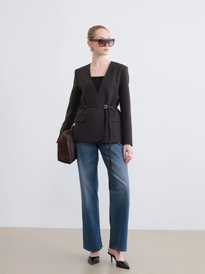 LC Waikiki Kahverengi Beli Kemerli Kadın Blazer Ceket