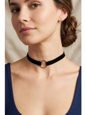 Siyah Kadife Choker Kolye - Gold Halka Detaylı Minimalist Boyunluk - Retro Yaka Takısı