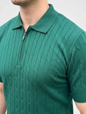 Giyim Center Erkek Yazlık Triko Saç Örgü Tişört Kısa Kol Polo Yaka Fermuarlı T-Shirt - Haki
