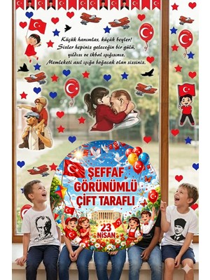 23 Nisan Çocuk Bayramı Çift Taraflı 80 Parça Kaligrafik Cam Kapı Duvar Sticker Seti
