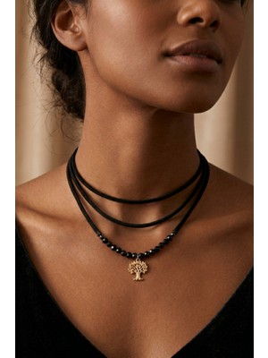 Siyah Süet Çoklu Sıra Choker Kolye - Altın Rengi Hayat Ağacı Detaylı Bohem Boyunluk
