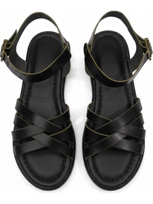 Efw %100 Hakiki Deri Siyah Çapraz Kadın Sandalet