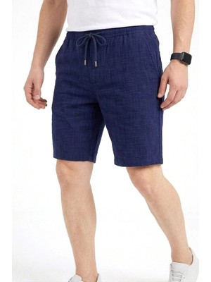 Giyim Center Erkek Keten Kumaş Cepli Rahat Kesim Bel Lastikli Şort - Lacivert