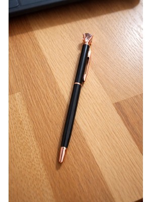 C&On Design Rose Gold Detaylı Kristal Taşlı Tükenmez Kalem - Siyah Gövde Mavi Mürekkep