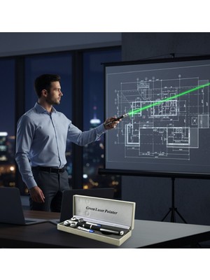 Melinee Yüksel Profesyonel Yeşil Lazer Işaretçi Seti - 5 Farklı Desen Başlıklı, Siyah Metal Kasa