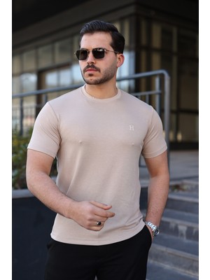 Comstar Erkek Kısa Kol Yazlık Baskılı Krem Dar Tişört