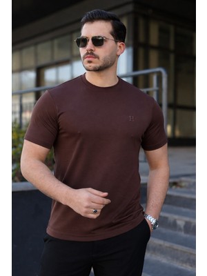 Comstar Erkek Kısa Kol Yazlık Baskılı Kahve Dar Tişört
