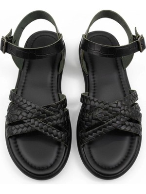 Efw %100 Hakiki Deri Siyah Önü Örgü Sandalet