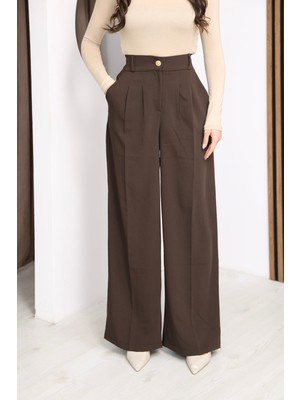 Moda Banuş Kadın Gold Düğmeli Salaş Pileli Palazzo Latina Dökümlü Pantolon