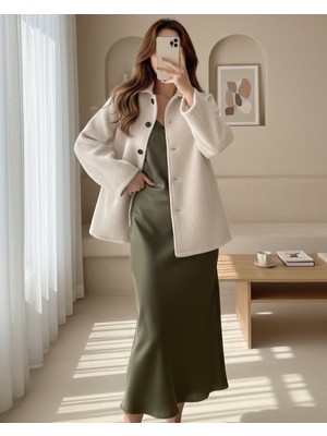Moda Morfo Çift Cepli Önü Düğmeli Astarlı Buklet Kaban -Ekru