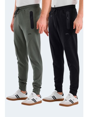 Slazenger VARUNA 2 Lİ SET Erkek Fermuar Cepli Slim Fit Siyah - Haki Eşofman Altı