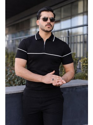 Comstar Erkek Günlük Çizgili Fermuarlı Triko Siyah Polo Yaka Tişört