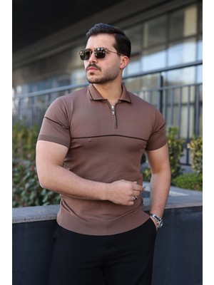Comstar Erkek Günlük Çizgili Fermuarlı Triko S.kahve Polo Yaka Tişört