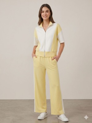 Sima Moda Kadın Sarı Beyaz Blok Renkli Fermuarlı Eşofman Takımı - Kısa Kollu Ikili Takım