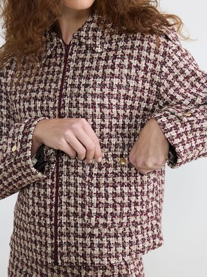 LC Waikiki Kırmızı Gömlek Yaka Ekose Kadın Tüvit Ceket