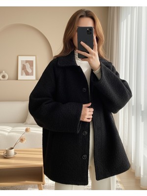 Modamorfo Çift Cepli Önü Düğmeli Astarlı Buklet Kaban -Siyah