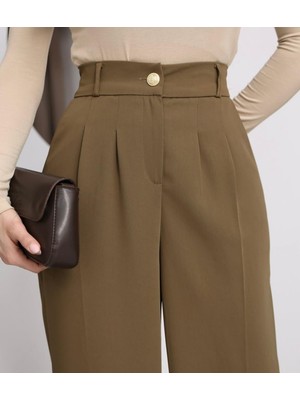 Moda Banuş Kadın Gold Düğmeli Salaş Pileli Palazzo Latina Dökümlü Pantolon