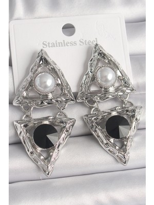 Pirinç Gümüş Renk Sallantı Üçgen Model Inci Detay Kadın Küpe