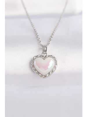 316L Çelik Zincir Gümüş Renk Beyaz Taşlı Bombeli Kalp Kolye