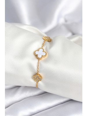 316L Çelik Zincir Zirkon Taşlı Yonca Beyaz Kadın Bileklik