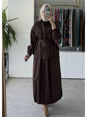 Misswhence 39307 Drape ve Fermuar Detaylı Ceket Etek Takım Kahve