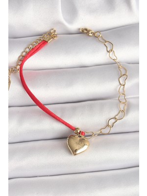 316L Çelik Gold Renk Zincir Kırmızı Ip Model Sallantı Kalp Figür Işleme Detaylı Kadın Bileklik