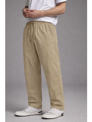 Damga Erkek Beli Lastikli Bol Paça Bej Keten Pantolon