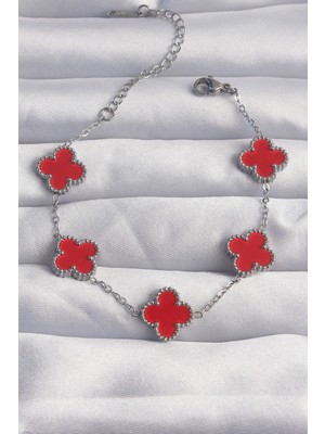 316L Çelik Gümüş Renk Kırmızı Mineli Yonca Bileklik