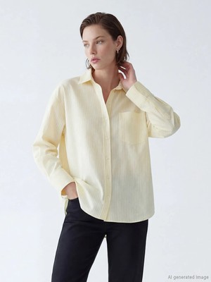 Lc Waikiki Sarı Çizgili Oversize Oxford Kadın Gömlek