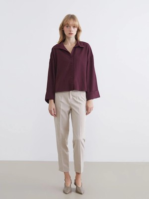 Lc Waikiki Bordo Çizgili Oversize Kadın Gömlek
