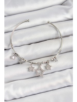 Pirinç Zirkon Taşlı Yıldız Model Gümüş Renk Charm Bileklik
