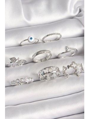 Pirinç Gümüş Renk Nazar Boncuk Detay Incili Kelebek Işlemeli Kadın Yüzük Kombini