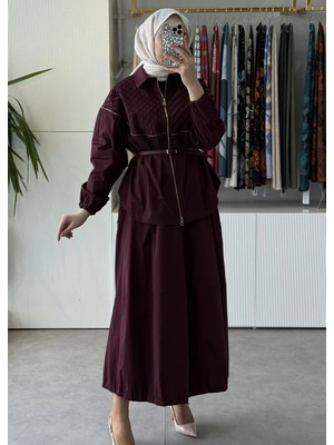 Misswhence 39307 Drape ve Fermuar Detaylı Ceket Etek Takım Bordo