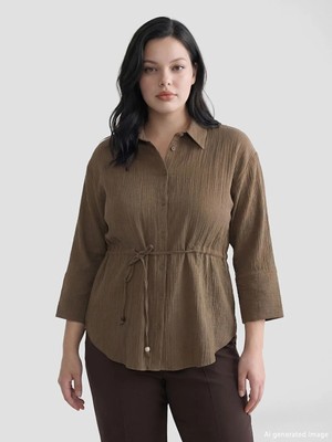 Lc Waikiki Kahverengi Bağlamalı Dokulu Kadın Müslin Gömlek