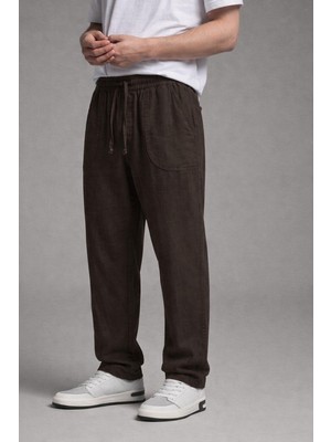 Damga Erkek Beli Lastikli Bol Paça Kahve Keten Pantolon