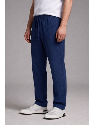 Damga Erkek Beli Lastikli Bol Paça Lacivert Keten Pantolon