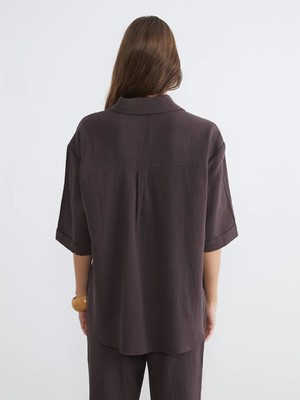 Lc Waikiki Kahverengi Dokulu Oversize Müslin Kadın Gömlek